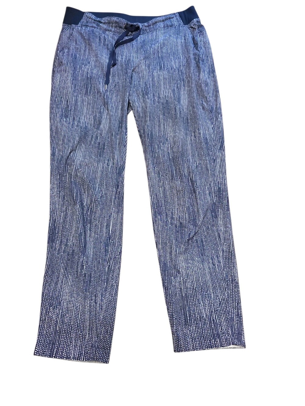 Athleta Mid-Town Ankle Commuter Pants Navy & White Batik Pattern Drawstring Sz 8